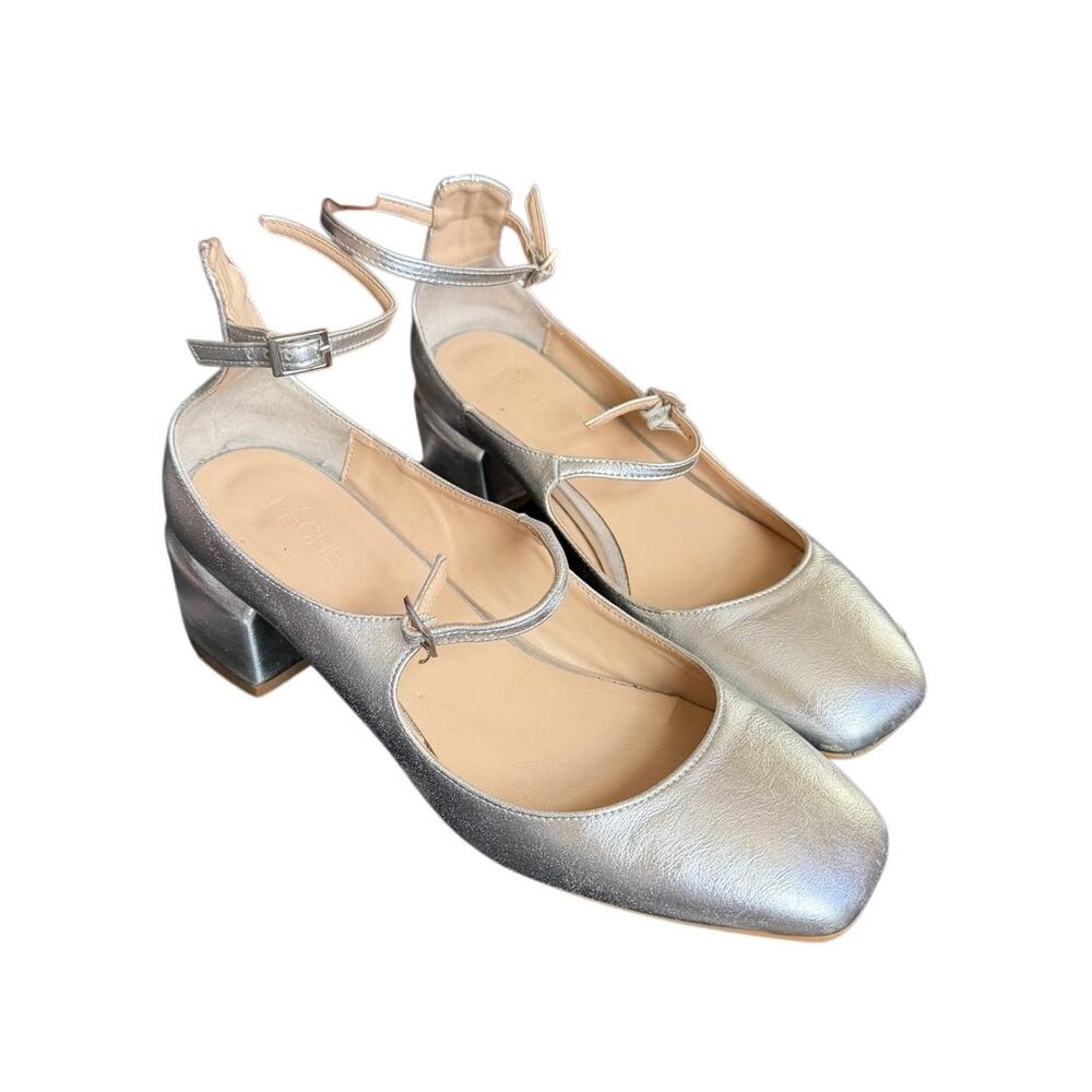 Peche Nico Heels Silver Size US 7.5 /8 Mary Jane Style Strap Small Heel - Picture 10 of 13